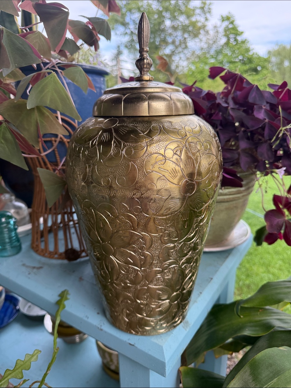 Decorative Floral Etched brass Lidded ginger jar